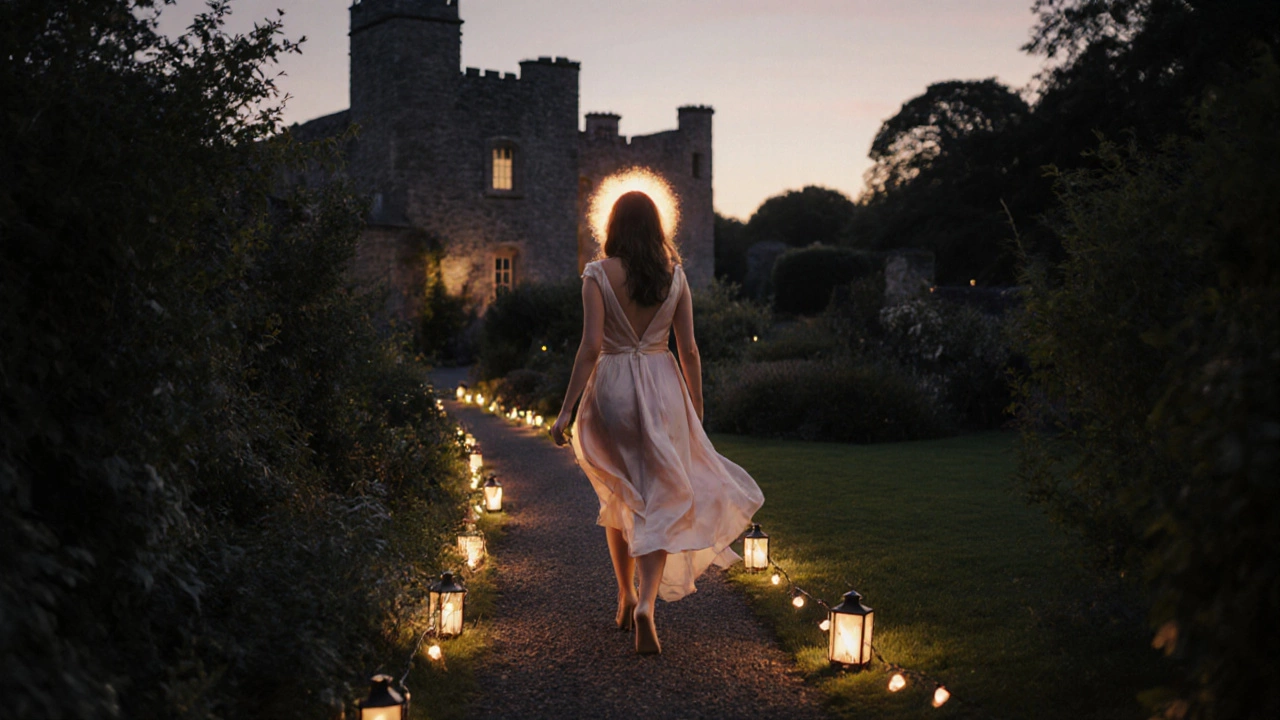 A lady wearing a pastel dress and nude pantyhose walks through an illuminated Irish garden party at dusk.