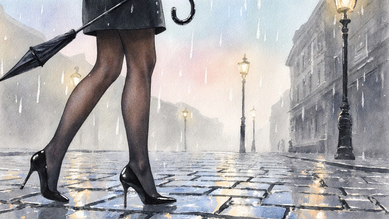 A woman in high‑denier pantyhose steps on wet cobblestones in rainy Dublin with an umbrella.