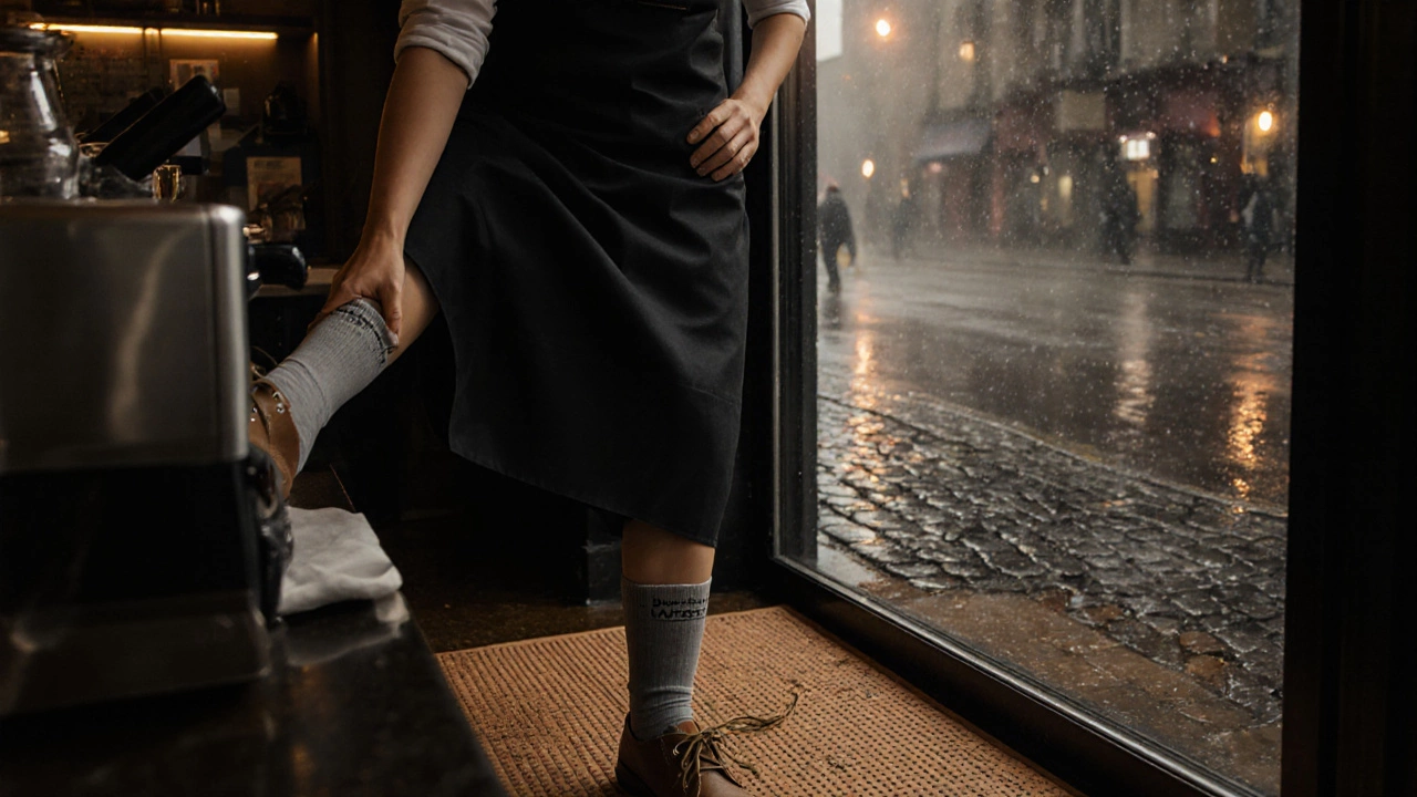 Barista on a cork anti‑fatigue mat stretching, wearing compression socks and Dubarry shoes in a rainy Temple Bar café.