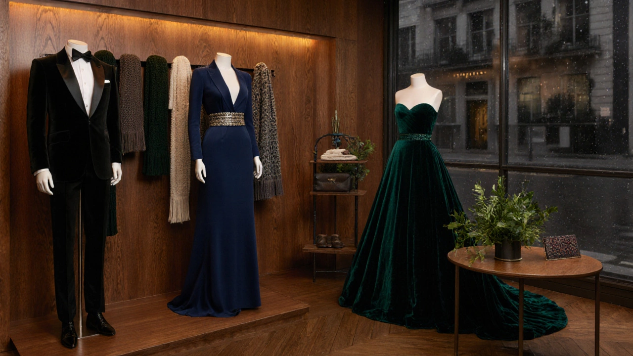 Boutique interior showcasing tuxedos, cocktail dresses, and a ball gown with Irish accessories.