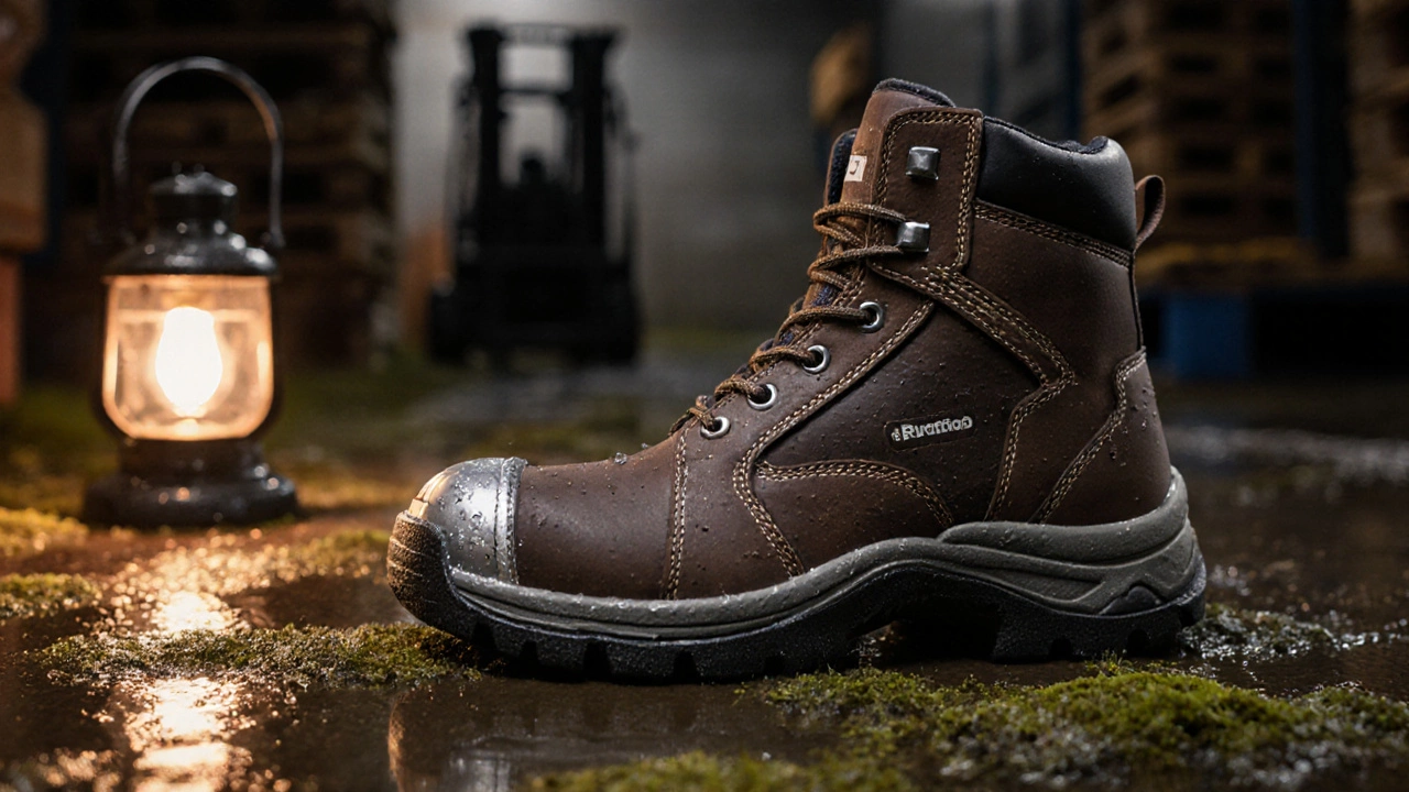 Close‑up of a steel‑toe safety boot with slip‑resistant tread on a wet floor.