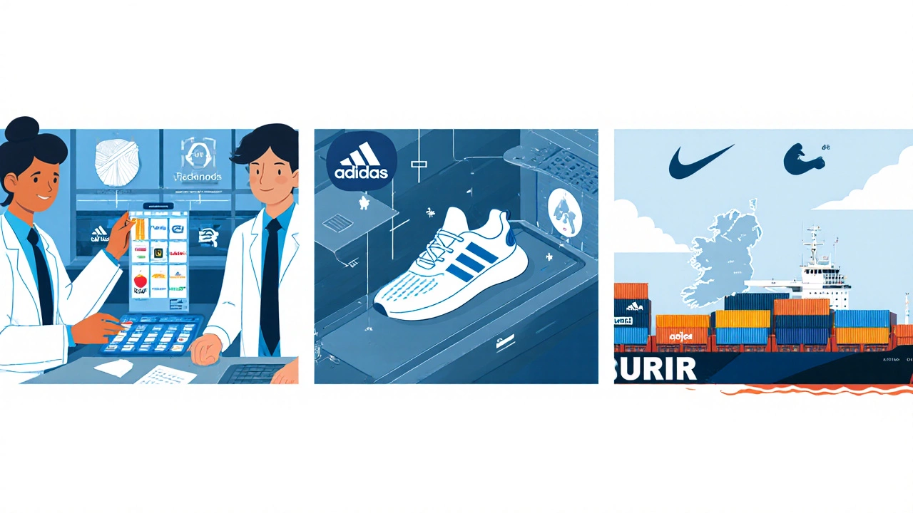 Collage showing labs, research, and shipping that drive sportswear costs.