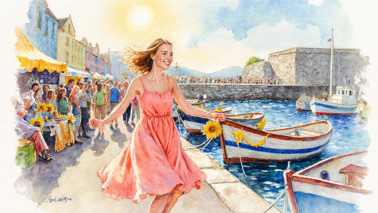 Coral dress on a woman at a lively Galway harbor festival with painted boats.