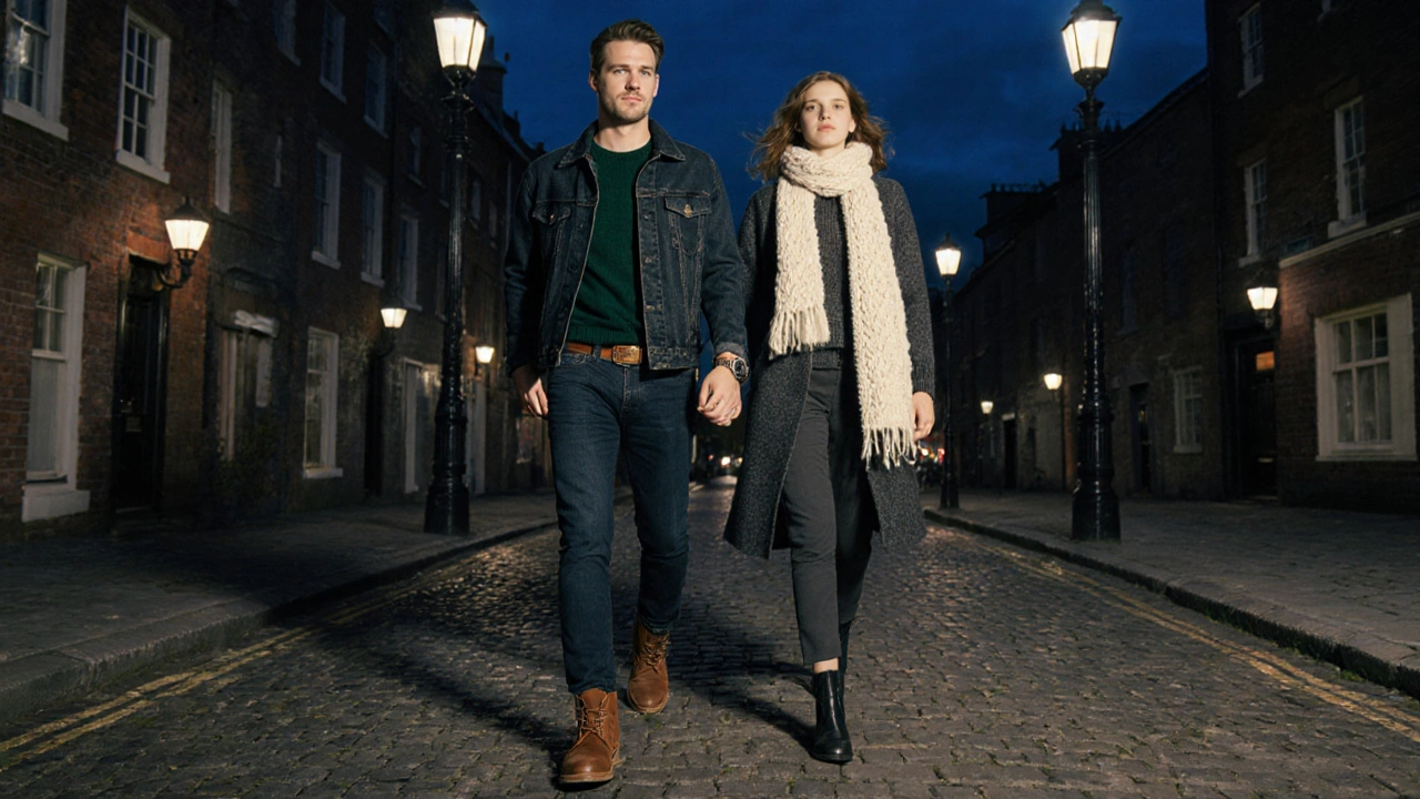 Couple walking on moonlit Dublin cobblestones in cashmere sweater and Aran scarf.