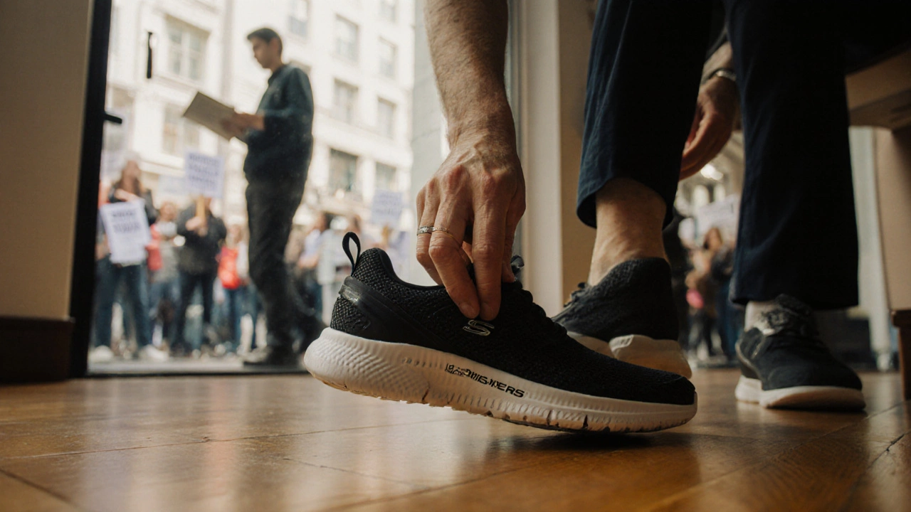 Customer inspecting a cracked Skechers midsole inside a BrownThomas store, protestors visible outside.