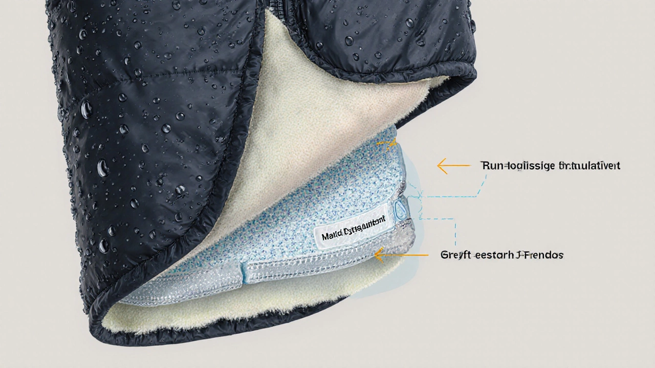 Cut‑away illustration of a bunny jacket showing synthetic insulation and water‑repellent shell.