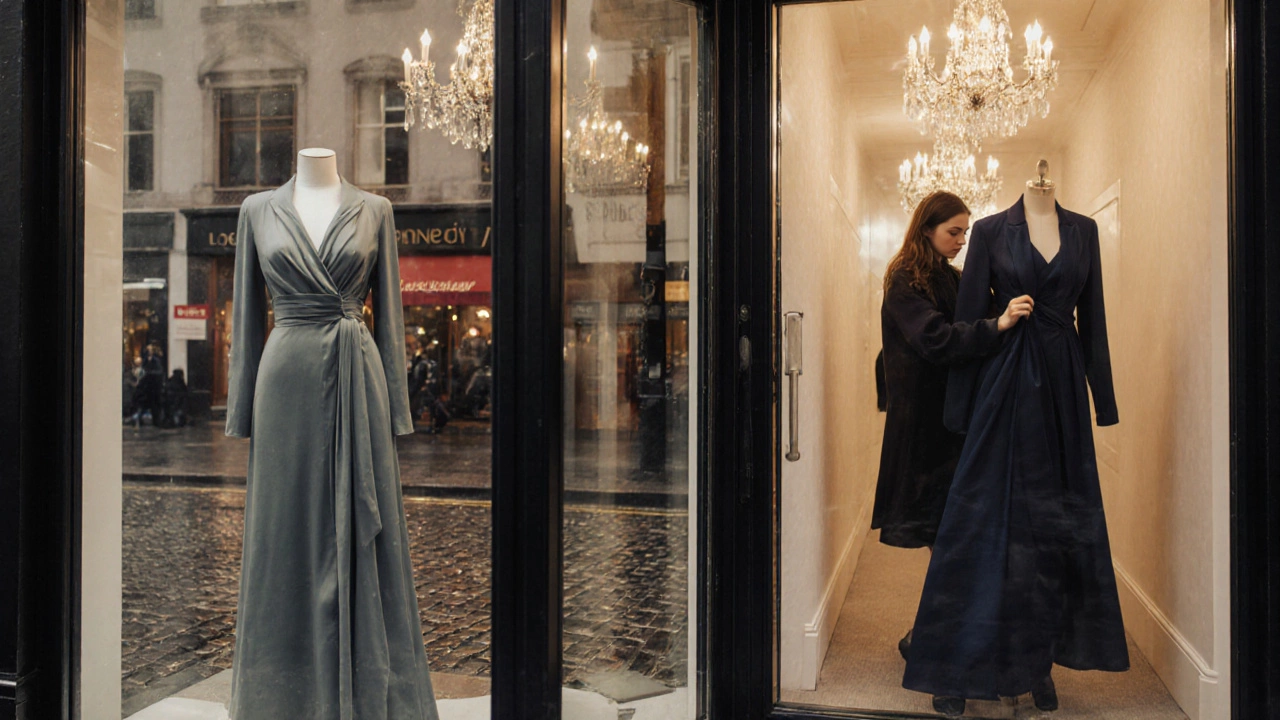 Dublin boutique window showing a Kate‑style dress; shopper trying it on inside.