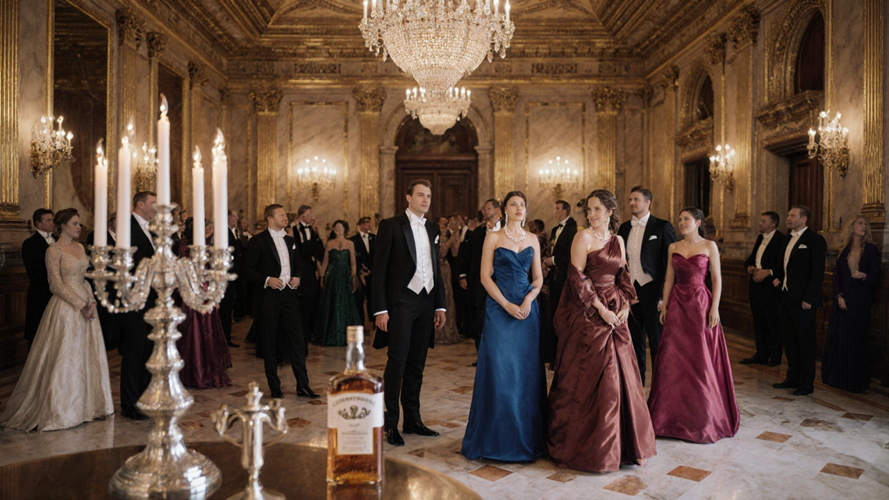 Dublin Castle ballroom with guests in white‑tie attire under a chandelier.