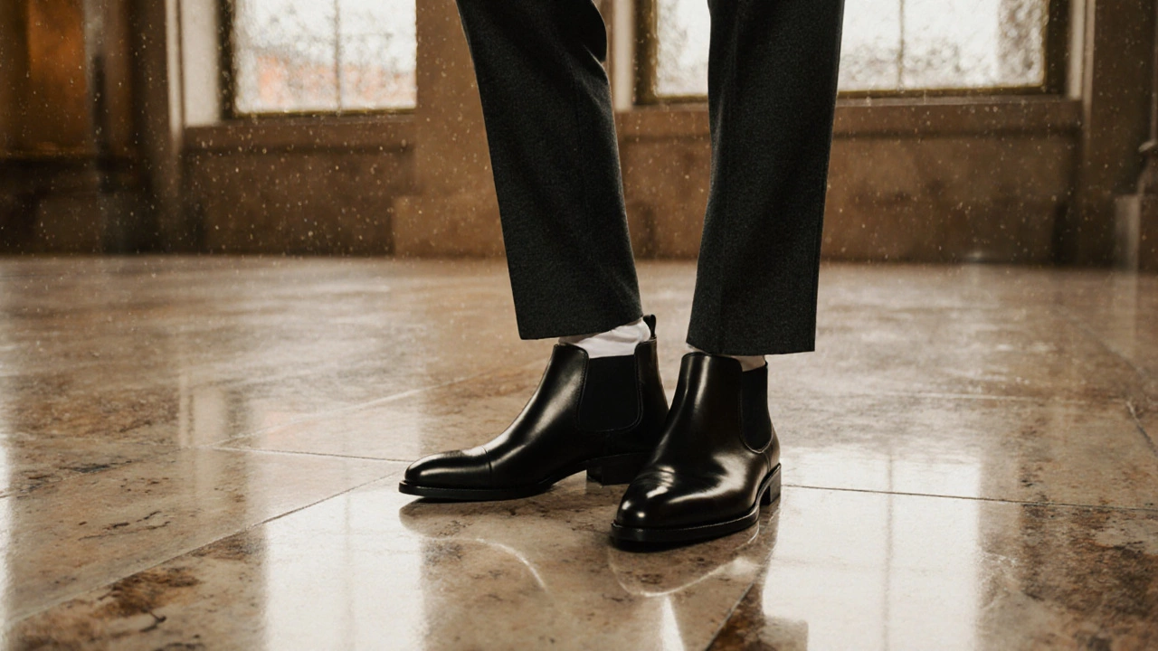 Fashion shot of a person in a suit wearing Thursday boots inside a Dublin concert hall.