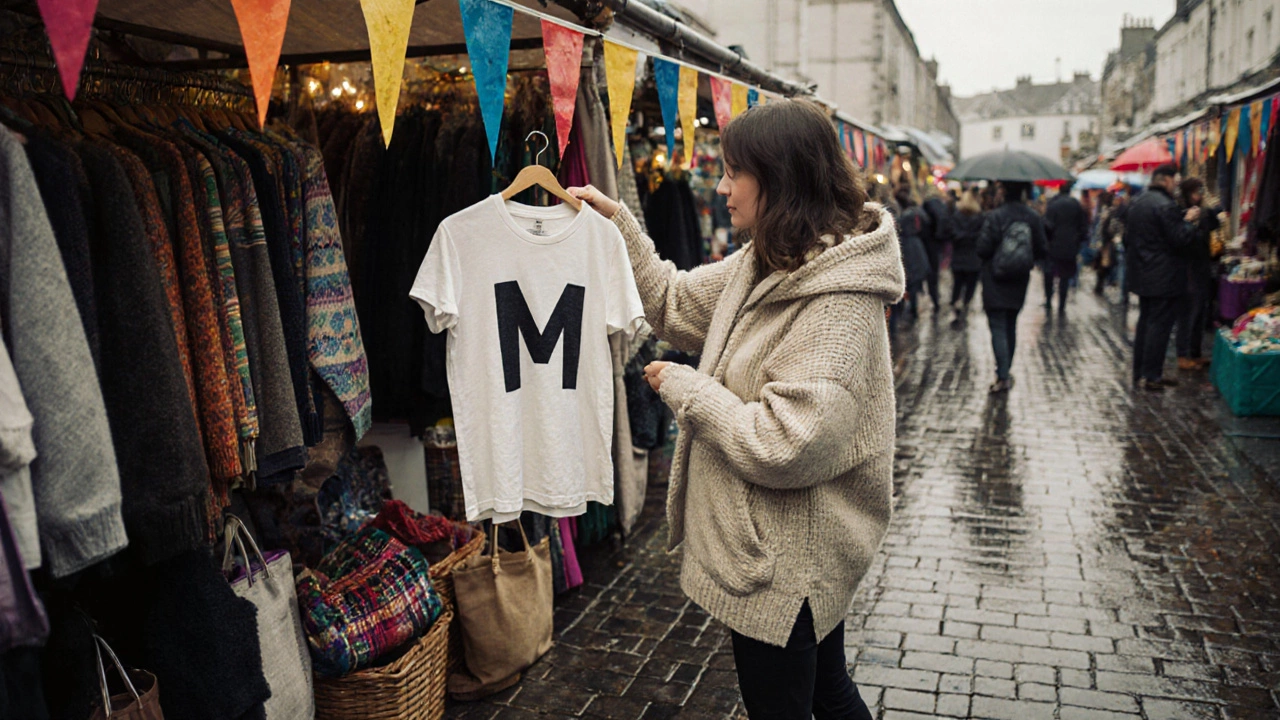 Festival stall in Galway shows a shopper comparing a linen and a cotton medium T‑shirt in rain.
