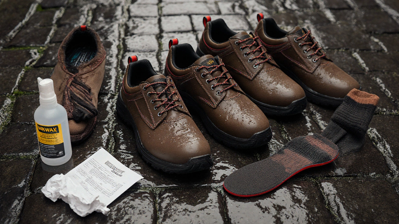 Five podiatrist-recommended work shoes on rainy Irish cobblestones with accessories.