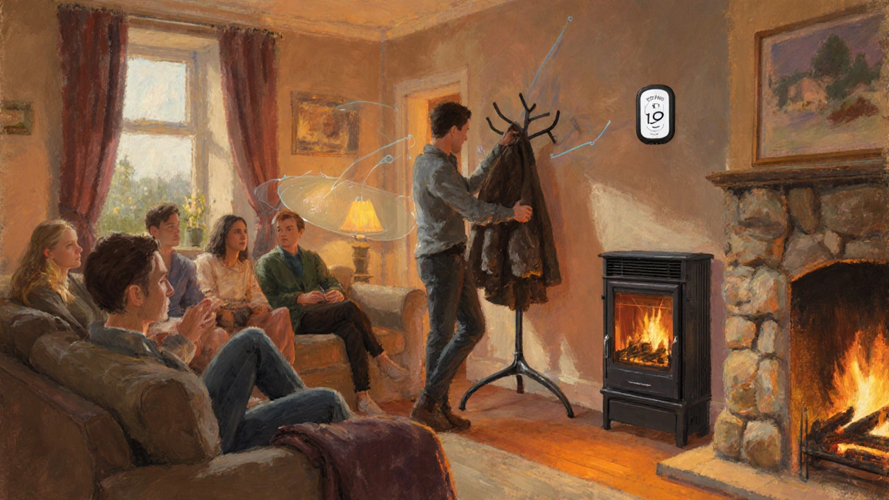 Friends in a living room, one person hangs jacket as thermostat shows 19°C.