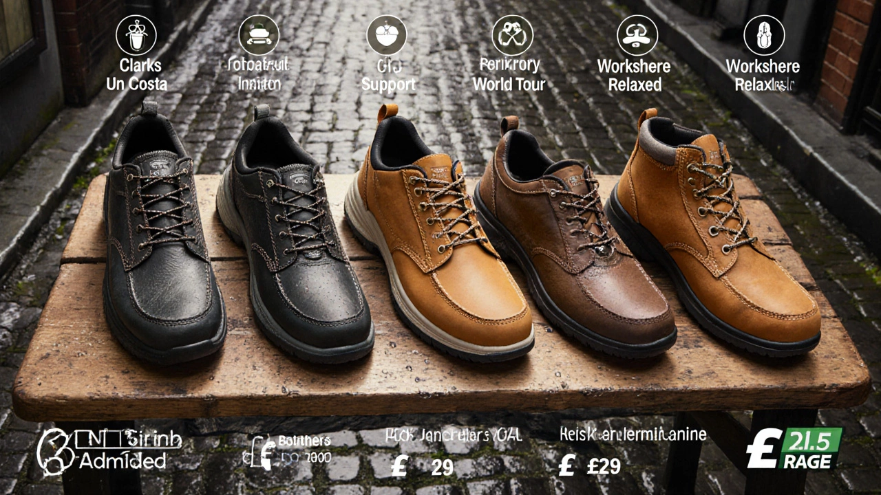 Illustrated lineup of five Irish work shoes on a wooden table with icons for cushioning and water resistance.