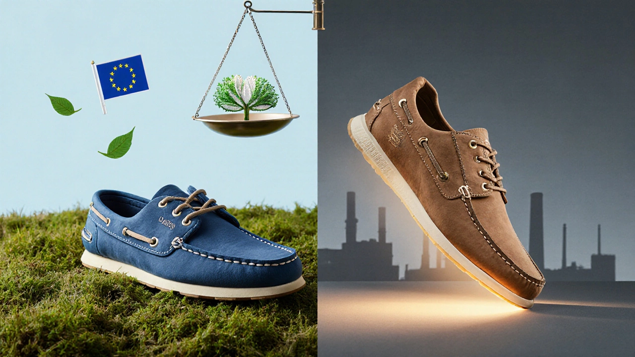 Illustration comparing Irish-made shoes on green moss with a cracked Skechers shoe and a balancing scale.