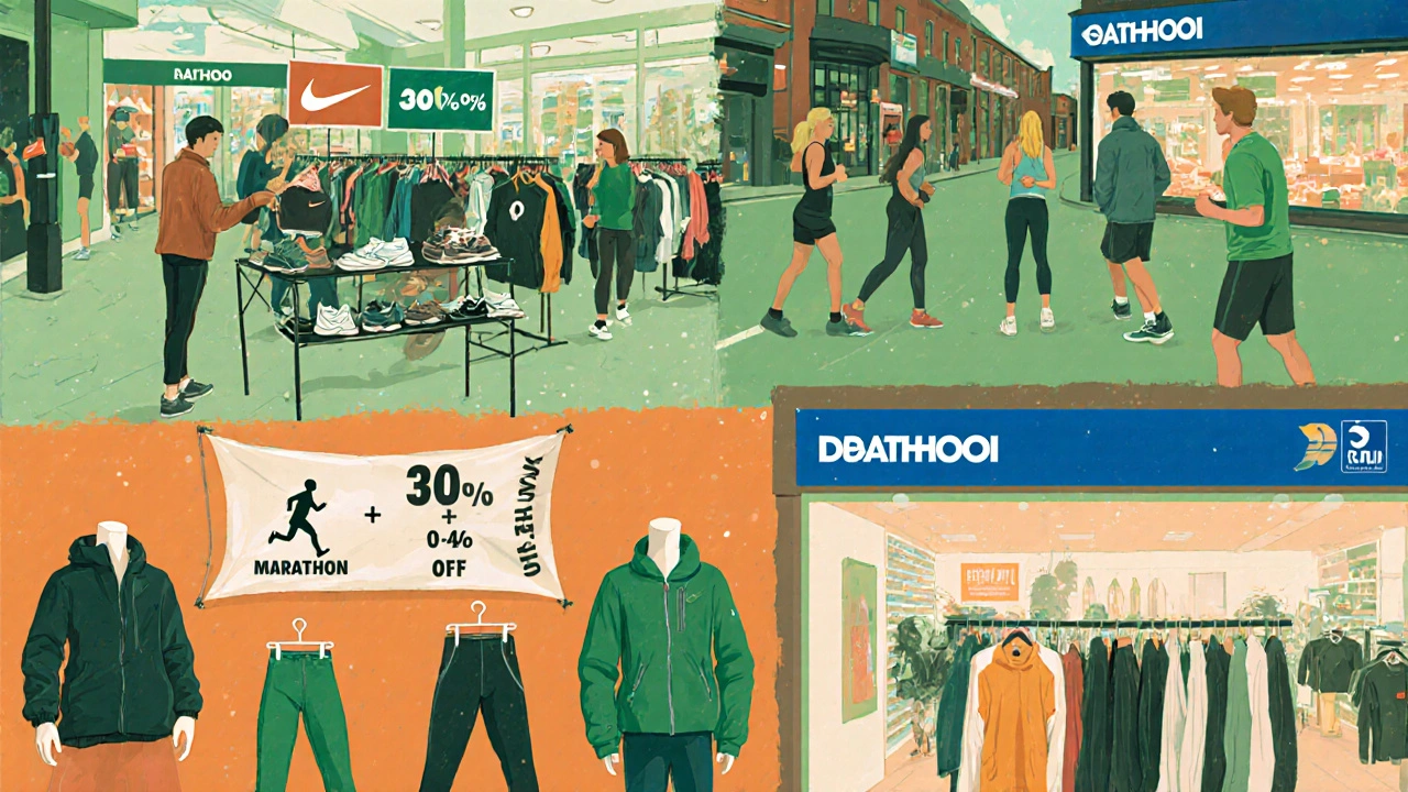 Illustration of outlet, marathon sale, second‑hand shop, and Decathlon for budget sportswear.