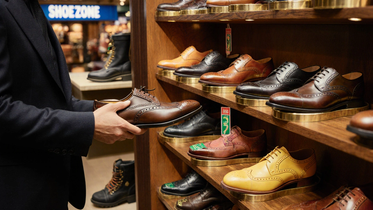 Irish department store interior with formal leather shoes, slip‑resistant trainers, and a pair of safety boots.