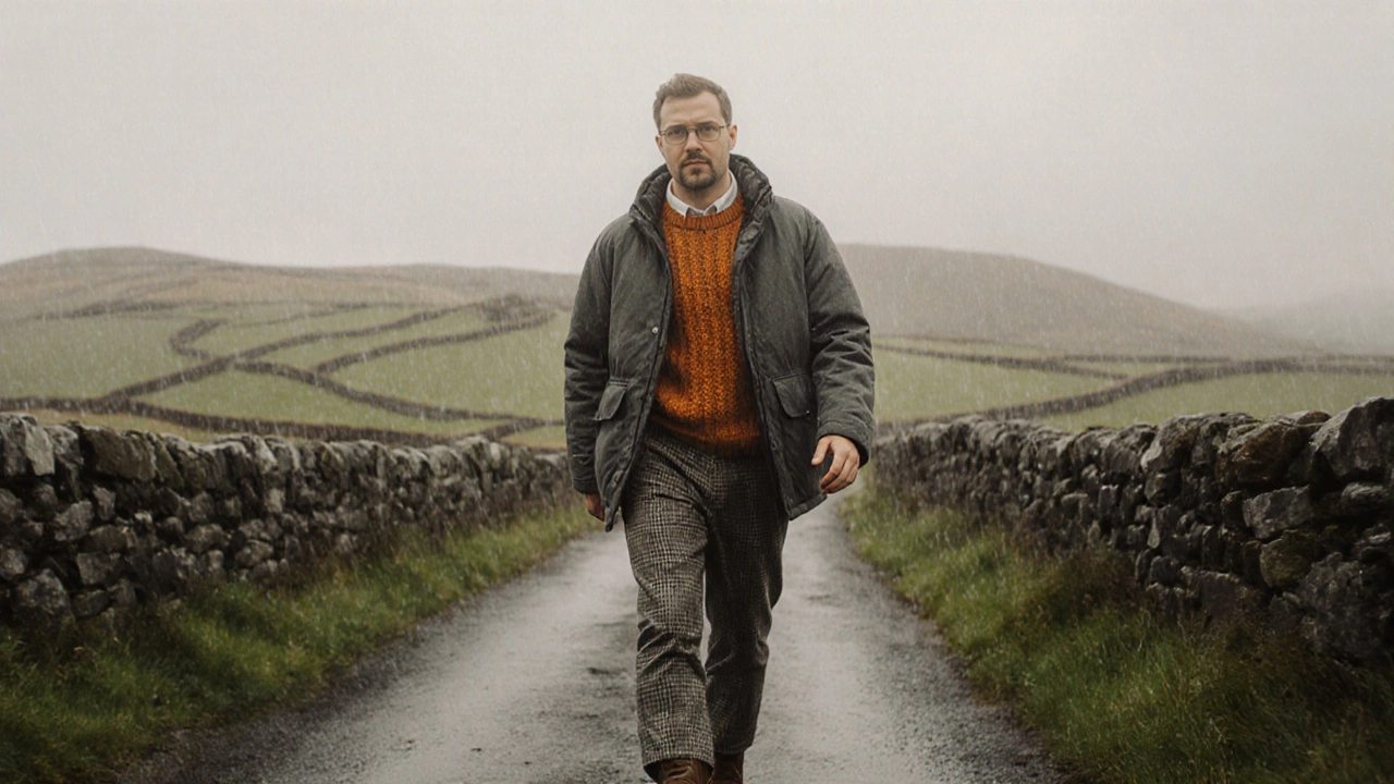 Man wearing a bunny jacket over an Aran sweater walking in misty Irish hills.