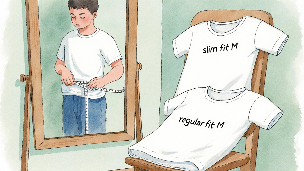 Person measuring chest in front of a mirror with slim‑fit and regular‑fit medium tees displayed.