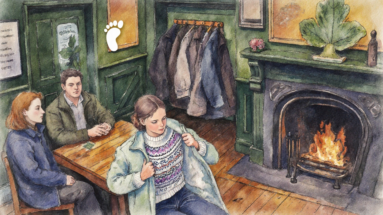 Pub scene with someone swapping a jacket for an Aran sweater, hinting at lower carbon impact.
