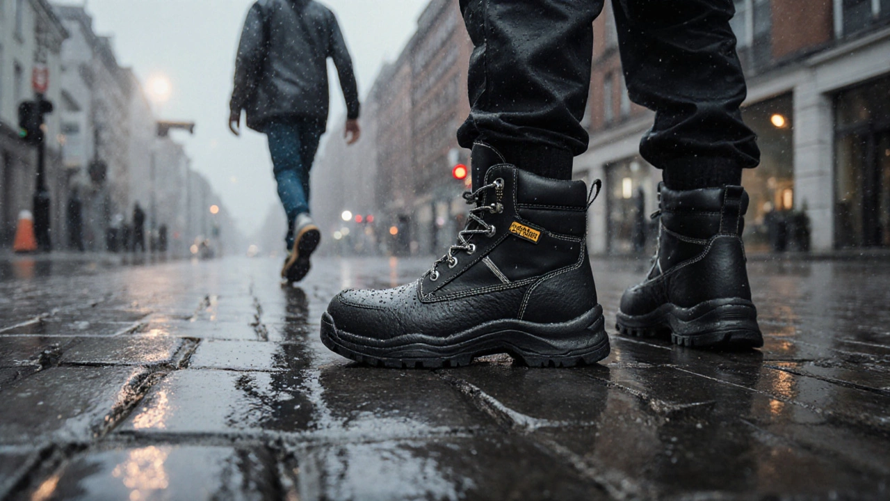 Rainy Dublin street showing a worker in safety boots and a hospital staff member in slip‑resistant shoes.