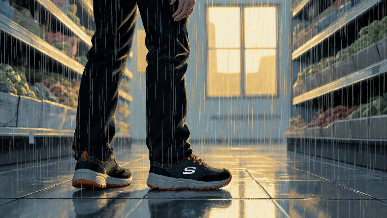 Retail worker standing on damp supermarket tiles in slip-resistant work shoes.