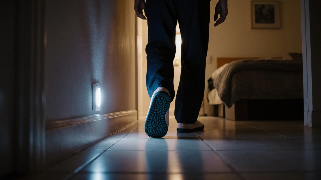 Senior man walking safely in non‑slip slippers under a night‑light.