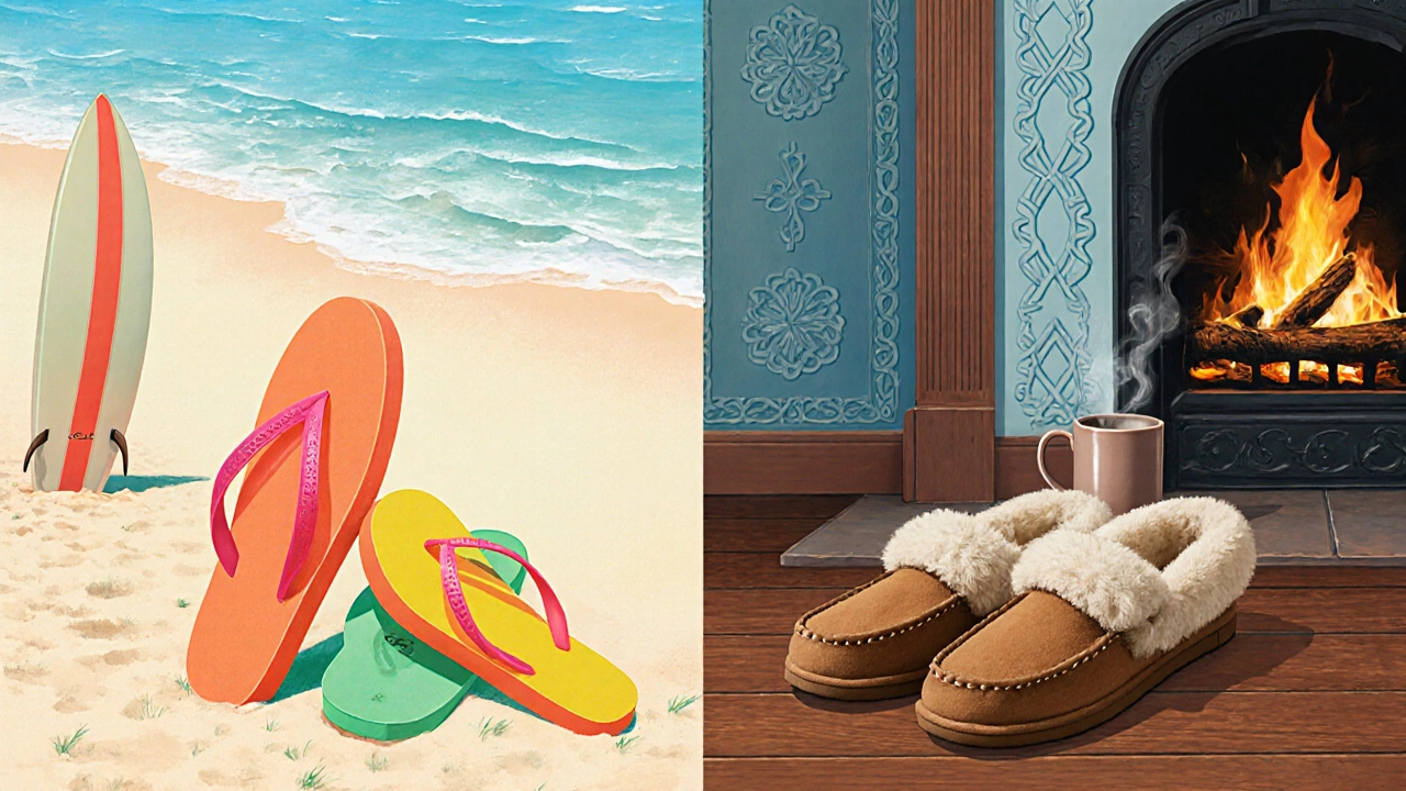 Split scene showing US flip‑flops on a beach, UGG slippers by a fireplace, and Irish wool house shoes in a kitchen.