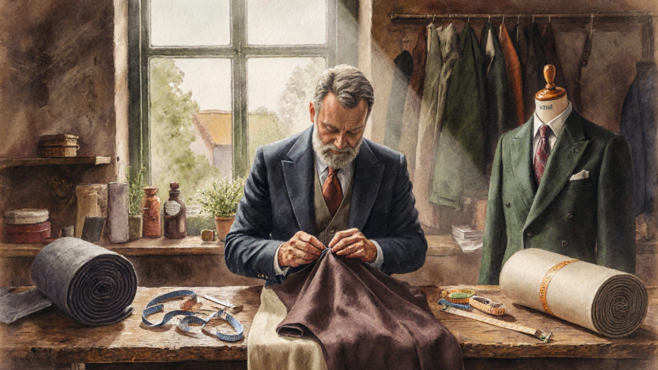 Tailor hand‑stitching a half‑canvas jacket among fabrics and tools in a sunlit workshop.