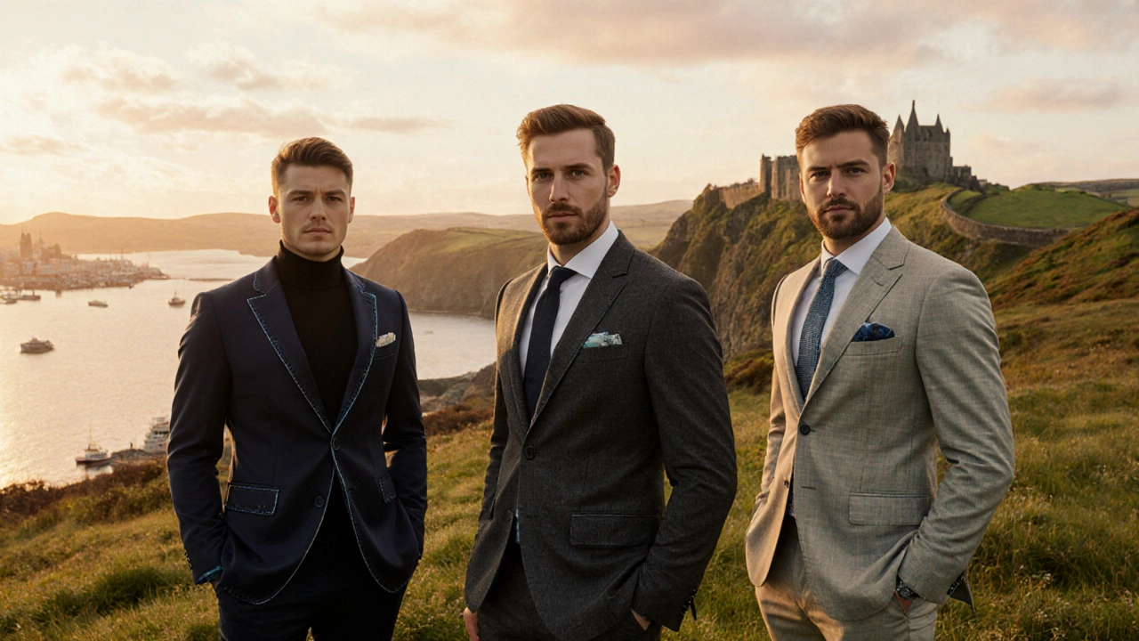 Three men in different suits standing on an Irish hillside with city and coast landmarks.
