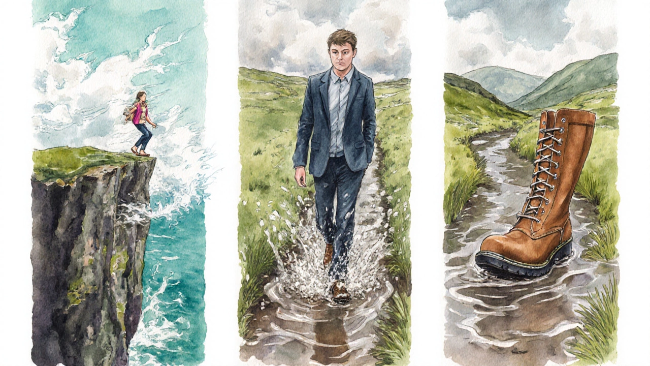 Three panels showing flip‑flops, cheap leather shoes, and non‑waterproof boots failing on Irish terrain.