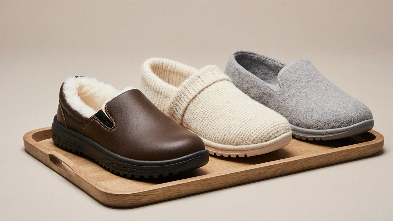 Three senior slippers—orthopedic, wool, and memory foam—displayed side by side.