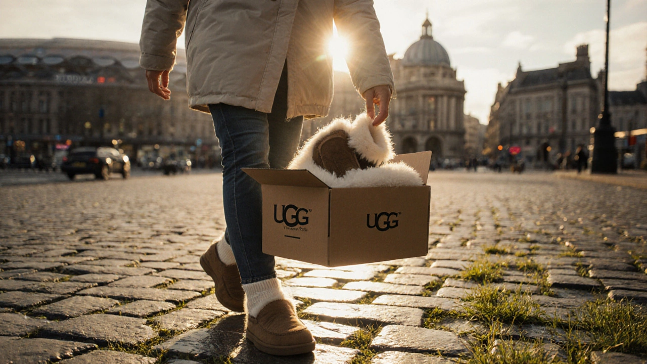 Tourist holding a box of UGG slippers on a stone pavement near Dublin's 3Arena.
