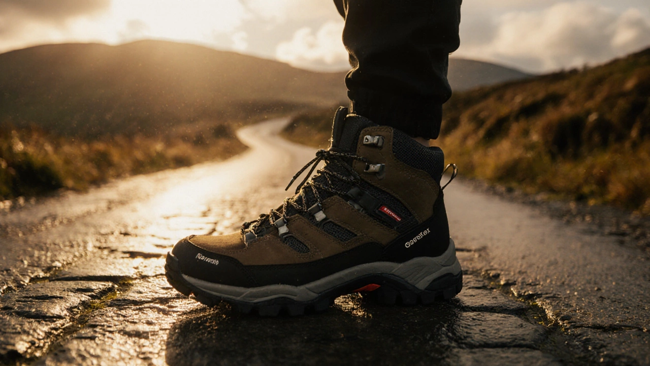 Traveler confidently walking in waterproof Gore‑Tex boots on a misty Wicklow trail at sunset.