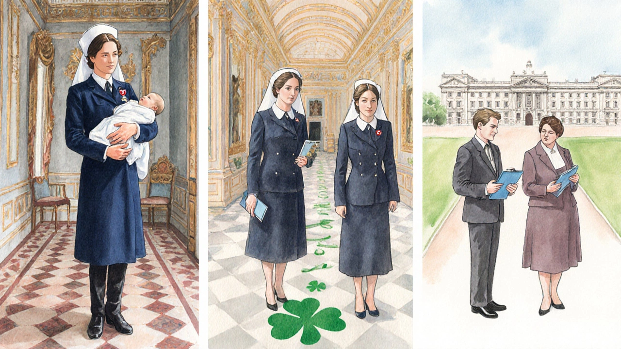 Watercolor panels showing royal nanny staffing changes from 2003 to 2025.