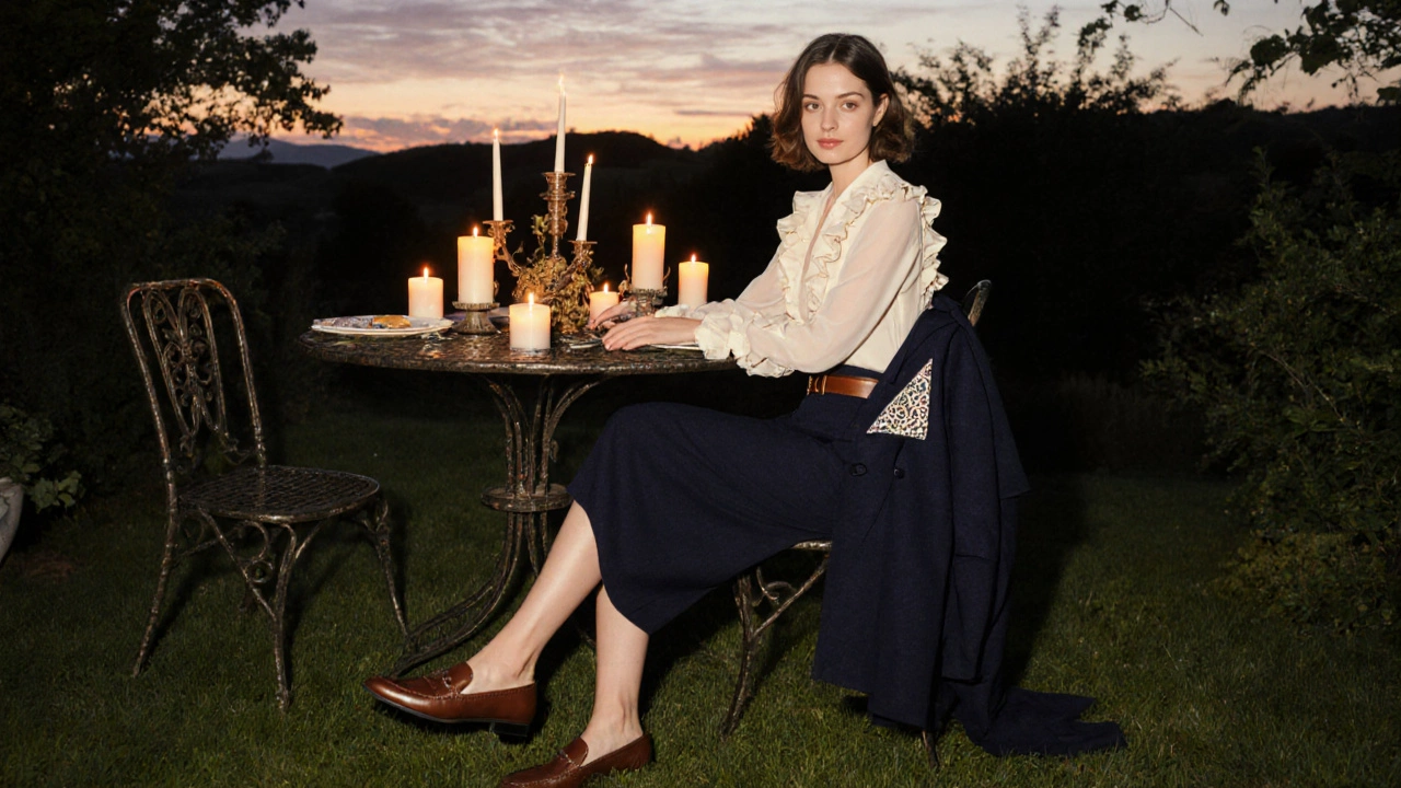 Woman at garden party in navy pencil skirt, cream blouse, and leather loafers at dusk.