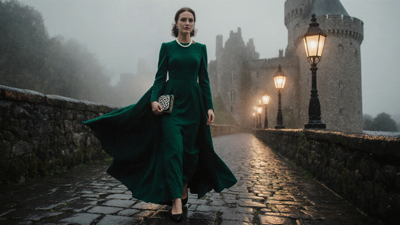 Woman in a Kate‑inspired gown walking at a rainy castle gala with block shoes.