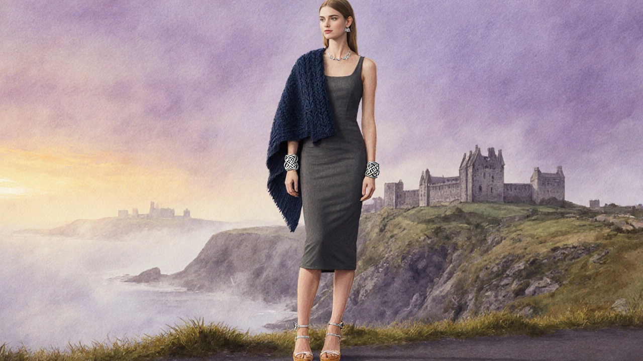 Woman in charcoal sheath dress with navy Aran shawl against Irish cliffs.