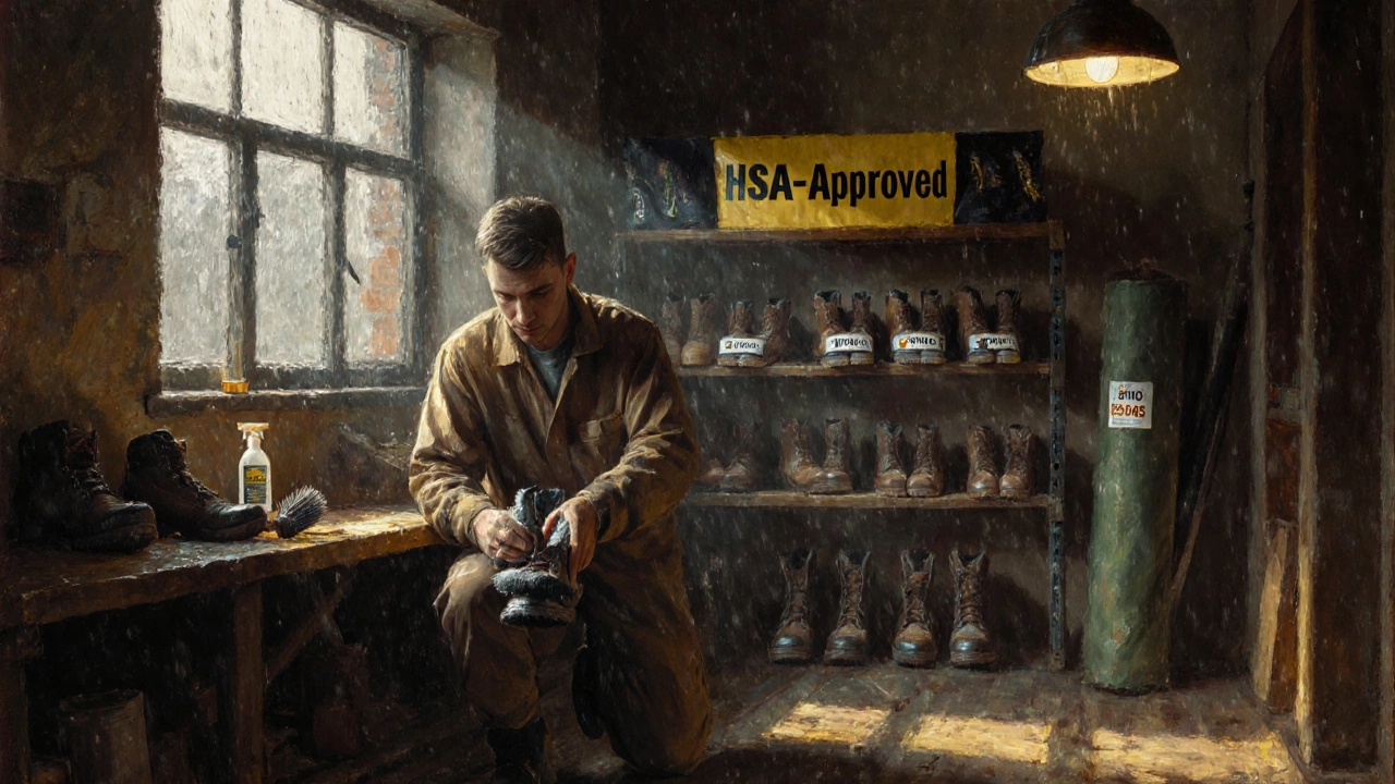 Worker cleaning safety boots in a warm workshop with shelves of approved footwear.