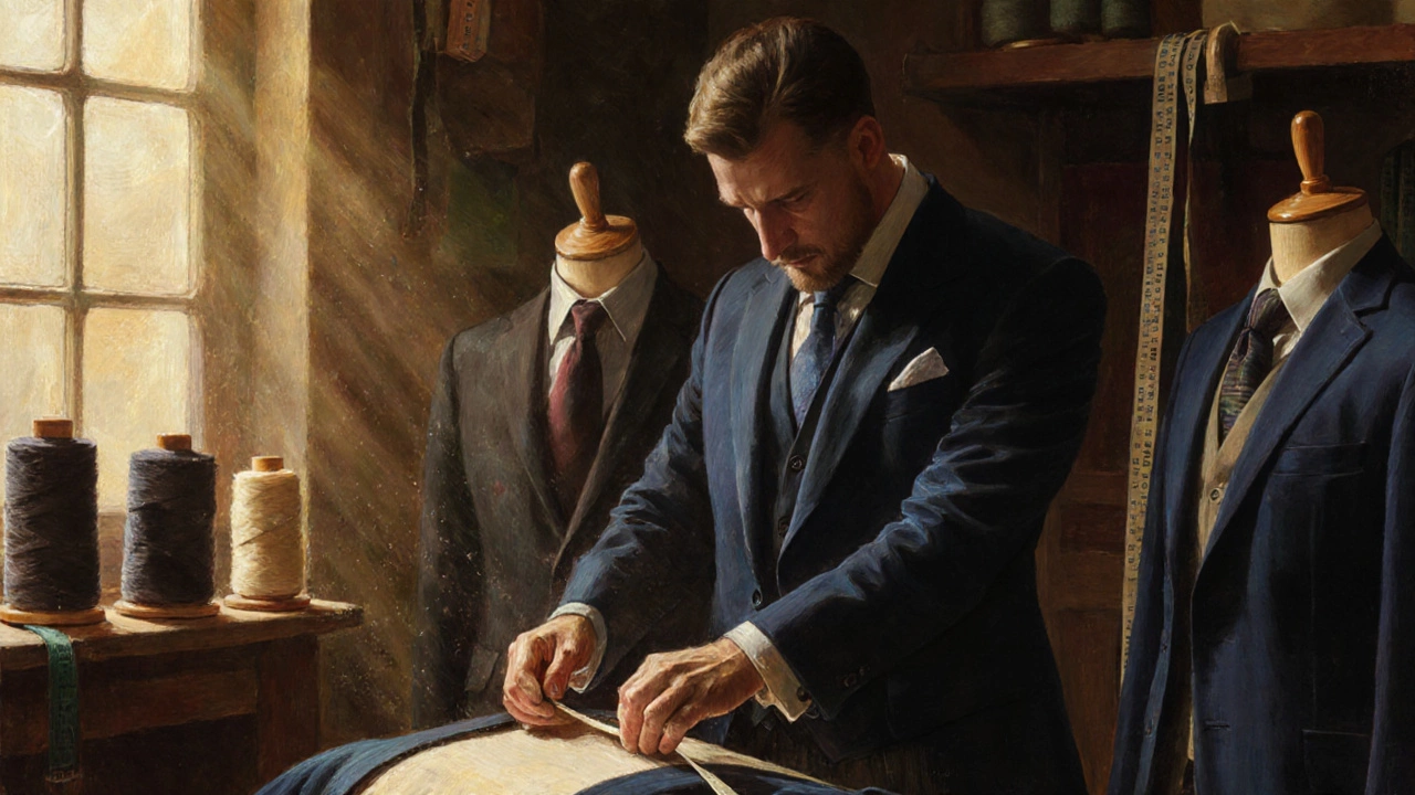 A tailor&#039;s hands hand-baste a wool suit canvas in a warm workshop, surrounded by fabric spools and measuring tapes.