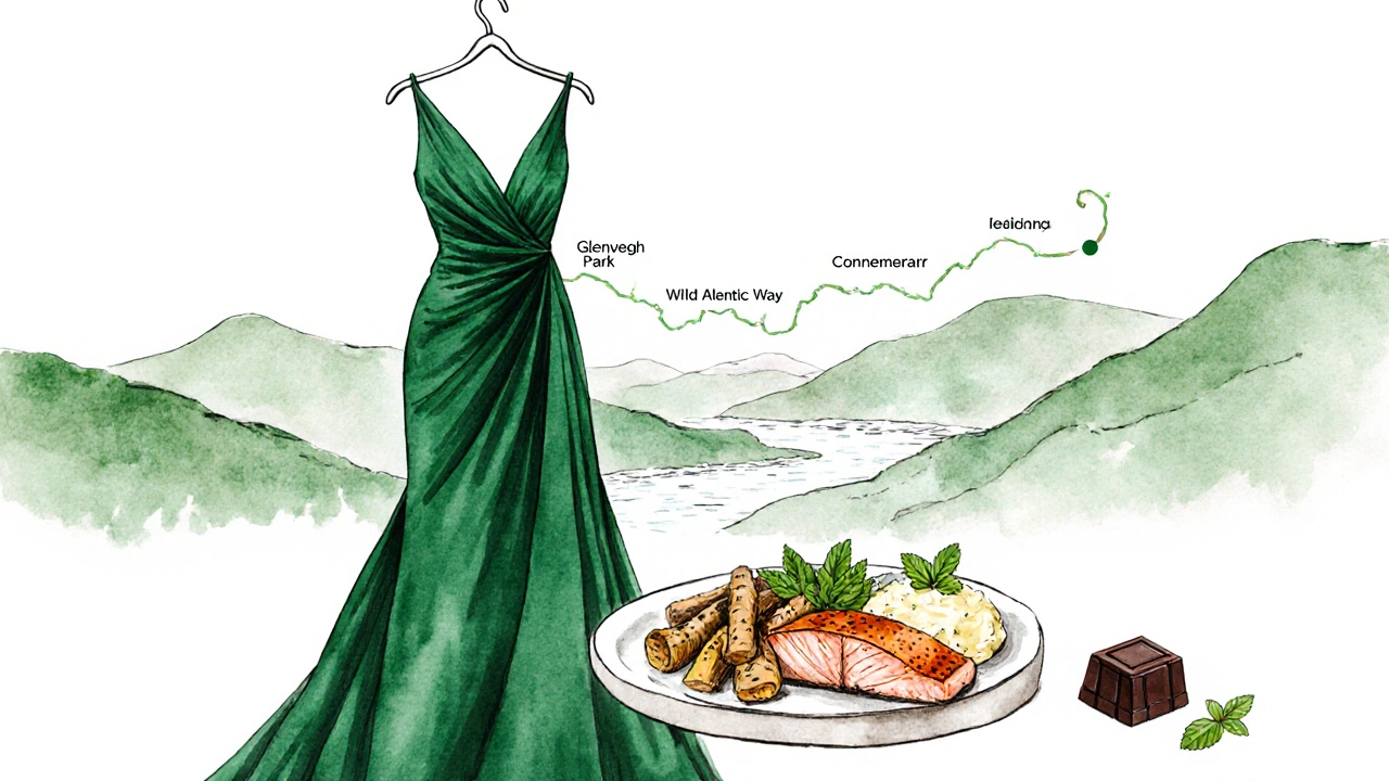 An emerald gown beside a simple plate of Irish-rooted vegetables and salmon, with faint landscape outlines.