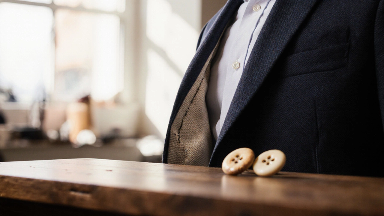 Close-up of a suit lapel revealing hand-stitched horsehair canvas and horn buttons in a tailor's workshop.
