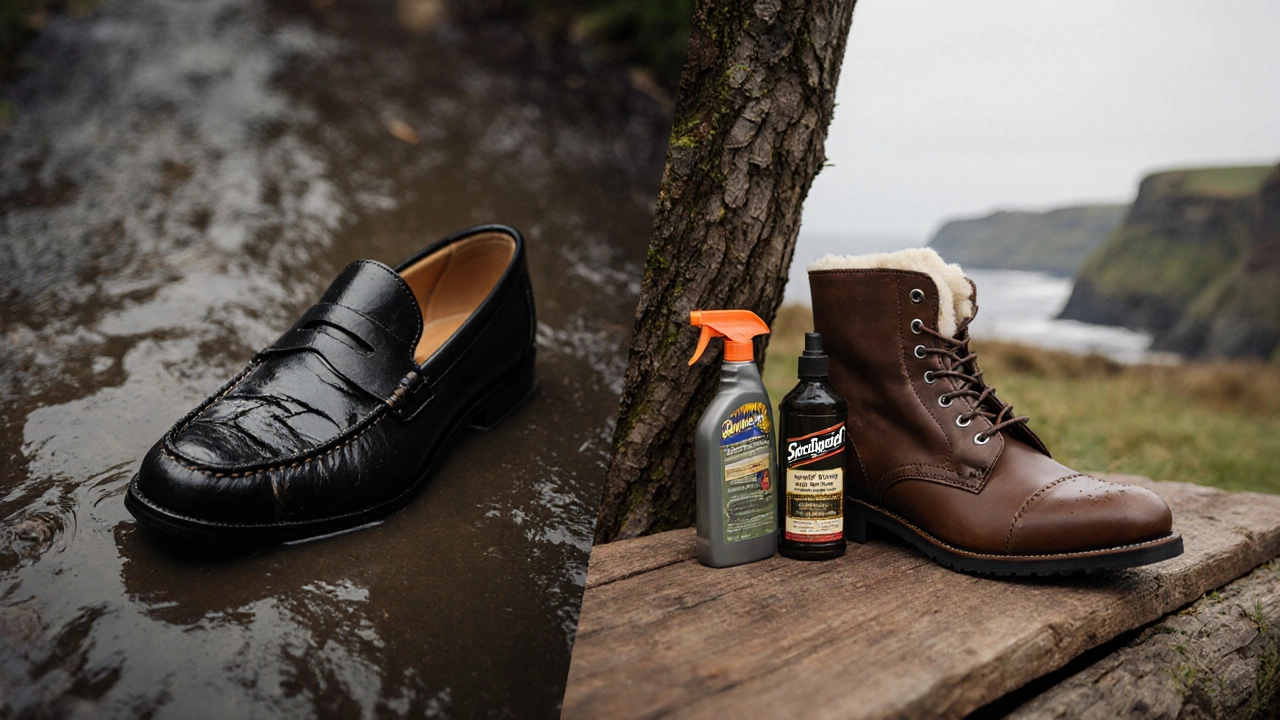 Contrasting image: damaged lambskin shoe on mud versus a cared-for cowhide boot with leather care products.