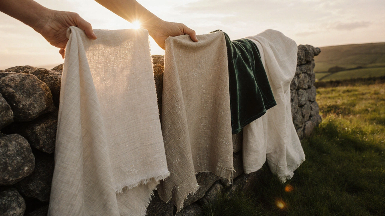 Hands holding natural fabric swatches drying on stone wall, synthetic fabrics damp and crumpled nearby.
