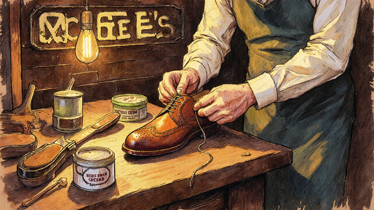 Irish cobbler repairing a shoe with Vibram sole, beeswax cream and tools on wooden bench.