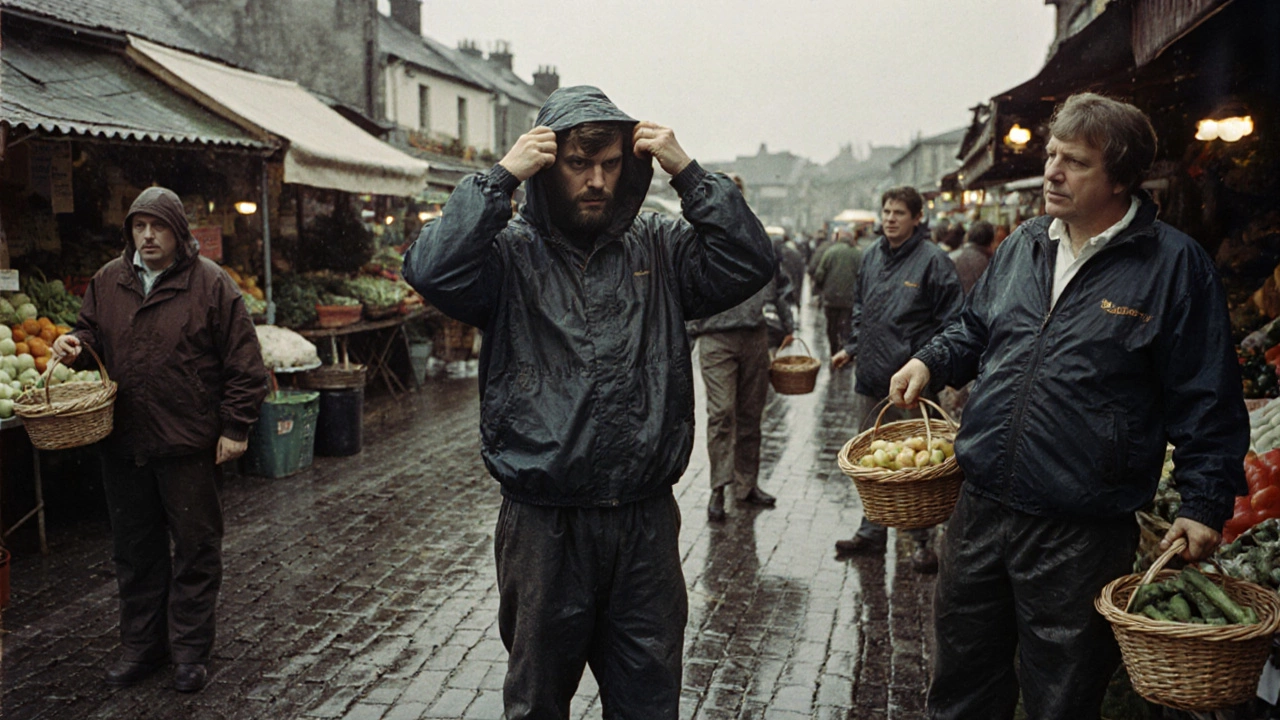 Irish farmers in tracksuits and windbreakers stand at a damp rural market in Galway, drizzle falling around them.