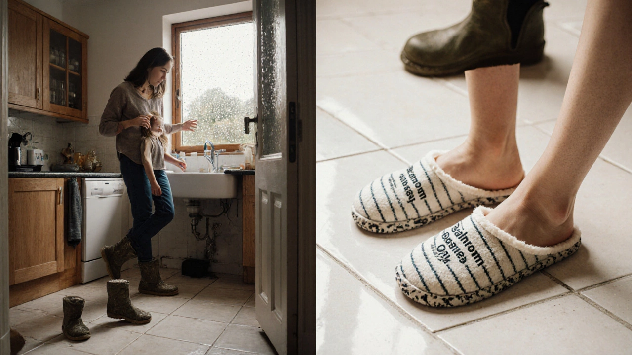 Mother and child wearing clean slippers in a cozy Irish kitchen, muddy boots at the door.