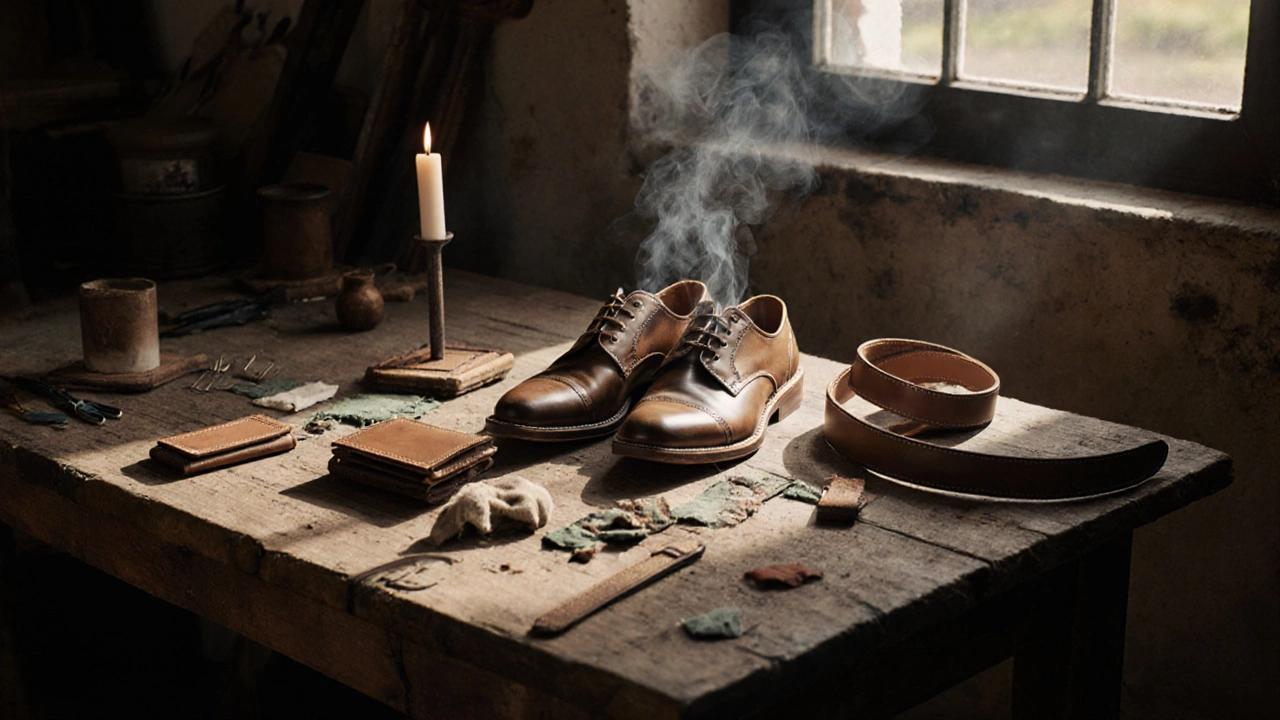 Old leather shoes being upcycled into wallet and belt in Galway workshop with natural light.