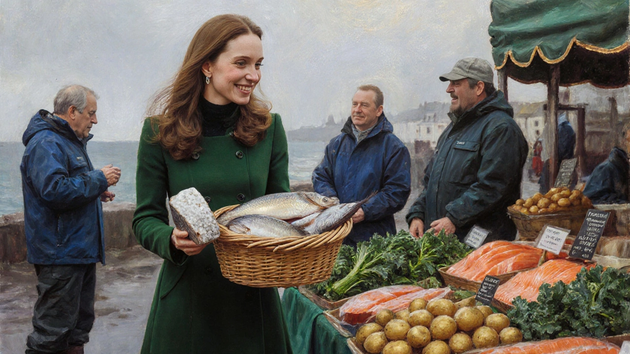 Princess Kate at a Galway market holding fresh haddock and sea salt, surrounded by local produce and fishermen.