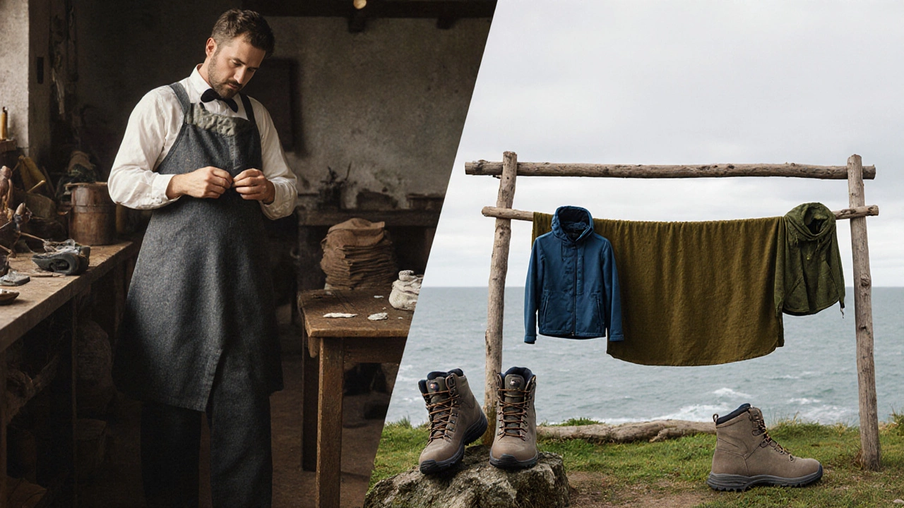 Split illustration: 19th-century tailor sewing rugby gear beside modern Irish makers drying seaweed fabric by the sea.