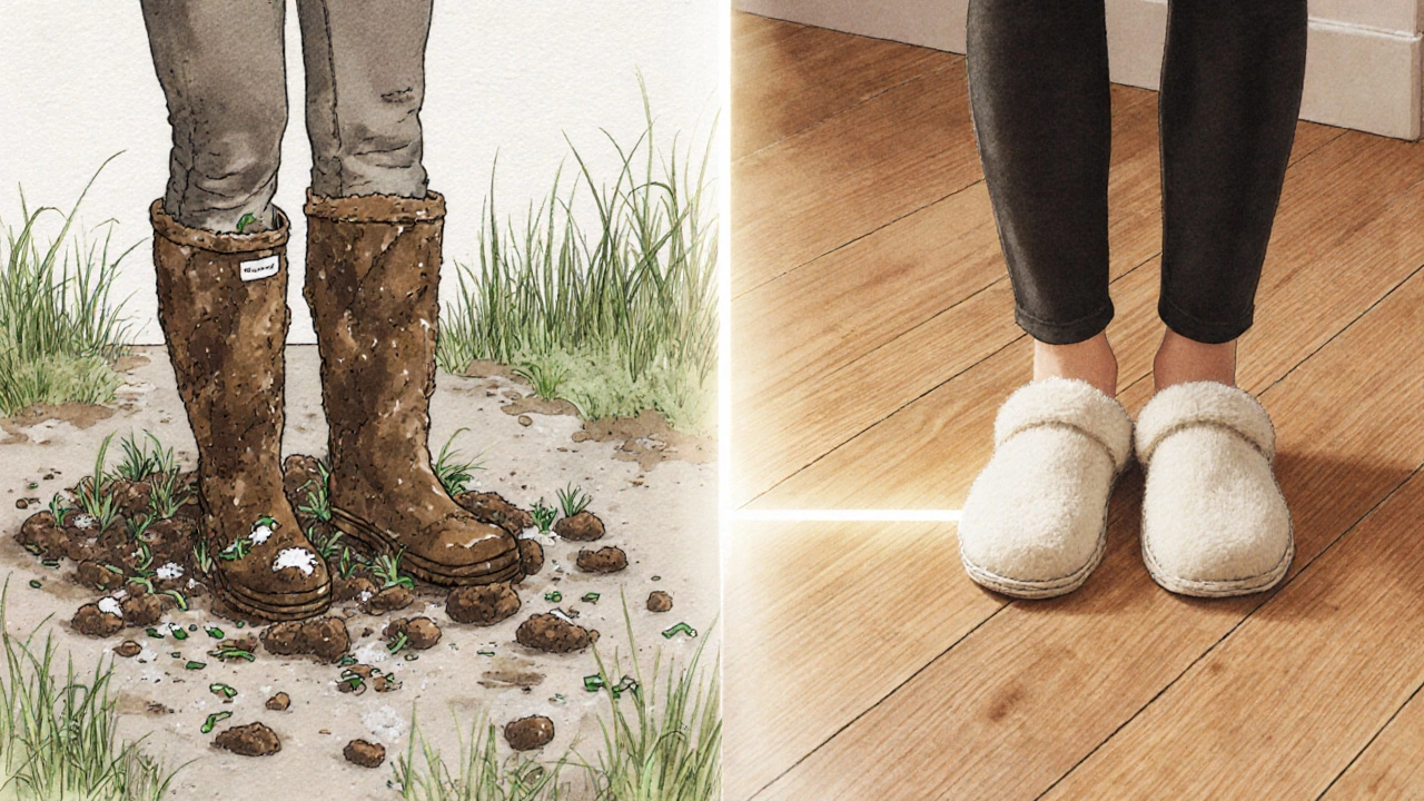 Split image: muddy boots on one side, clean slippers on the other, symbolizing indoor-outdoor boundary.